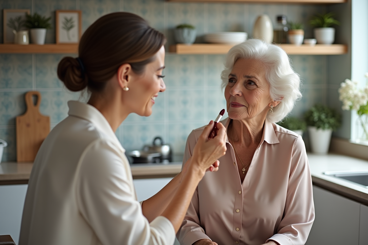 Femme âgée se faisant maquiller par une amie dans la cuisine