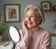 Femme souriante de 60 ans se maquillant dans un salon lumineux