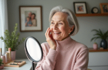 Femme souriante de 60 ans se maquillant dans un salon lumineux