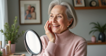 Femme souriante de 60 ans se maquillant dans un salon lumineux
