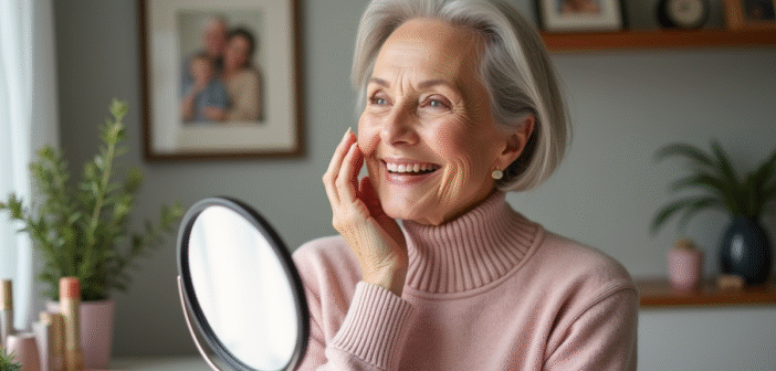 Femme souriante de 60 ans se maquillant dans un salon lumineux