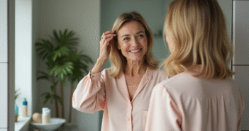 Femme élégante se regardant dans le miroir de salle de bain