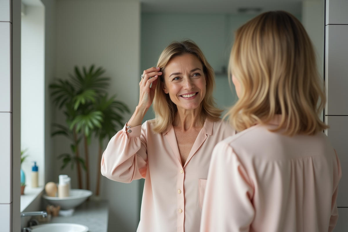 Femme élégante se regardant dans le miroir de salle de bain