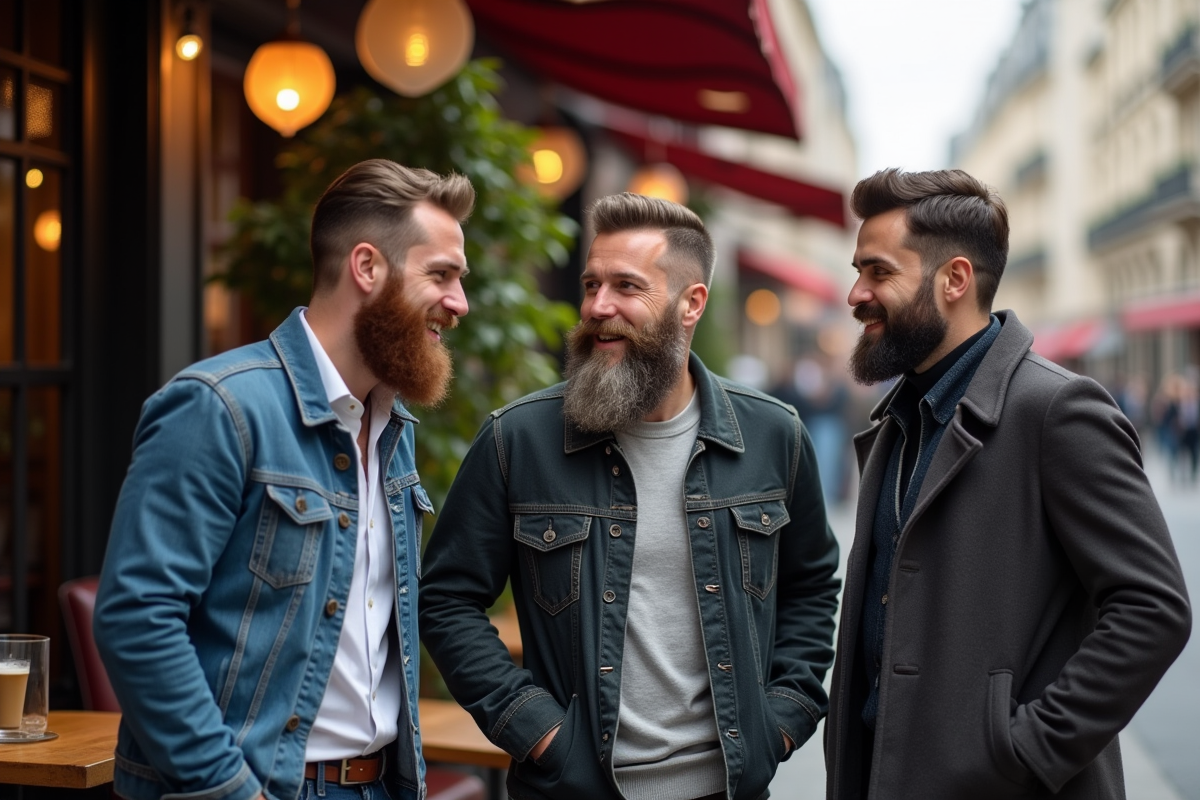 Trois hommes avec styles de barbe variés discutant dehors à Paris