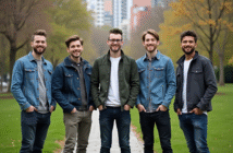 Groupe d'hommes dans un parc urbain en discussion