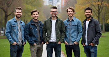 Groupe d'hommes dans un parc urbain en discussion
