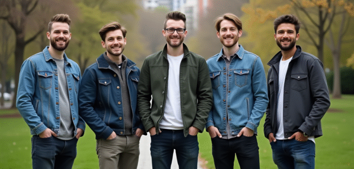 Groupe d'hommes dans un parc urbain en discussion