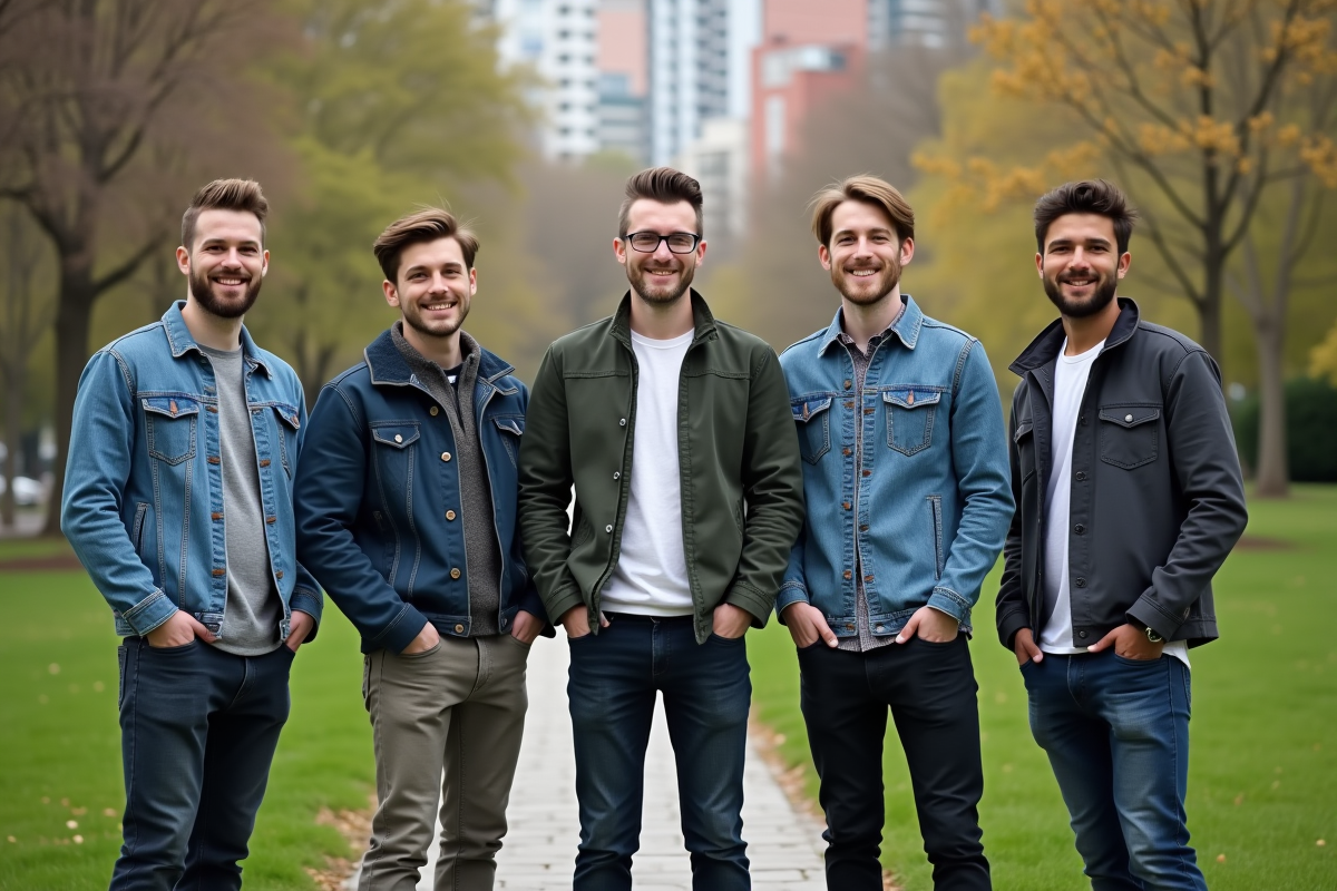 Groupe d'hommes dans un parc urbain en discussion