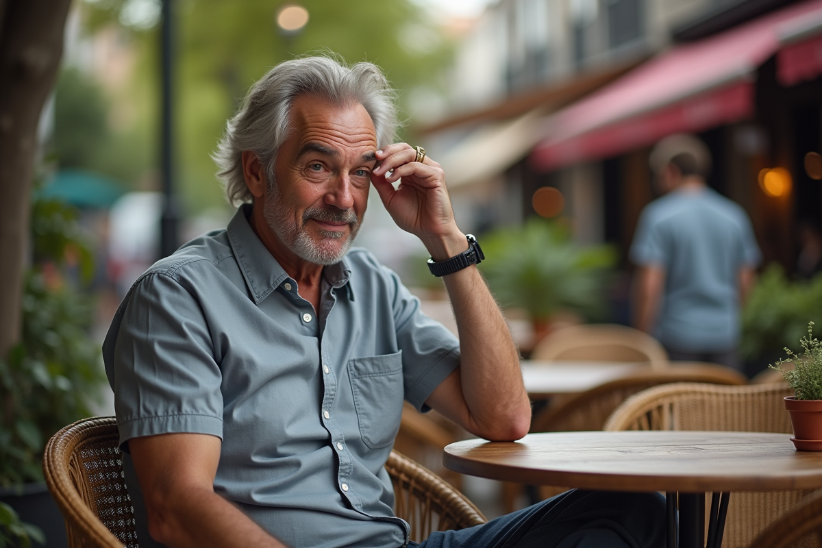 Homme décontracté discutant au café en extérieur