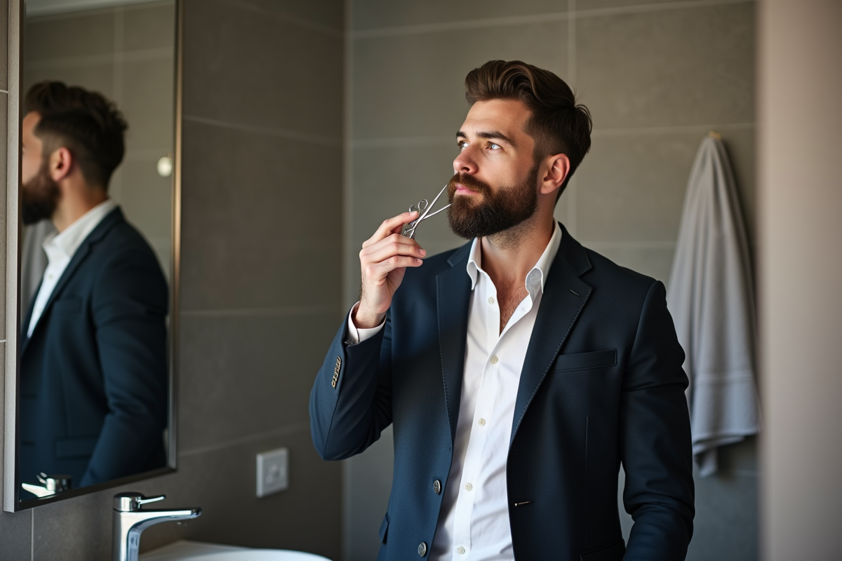 Homme barbu en train de tailler sa barbe dans une salle de bain moderne