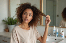 Jeune femme examinant ses cheveux bouclés dans la salle de bain