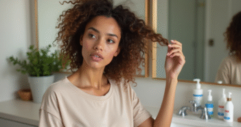 Jeune femme examinant ses cheveux bouclés dans la salle de bain