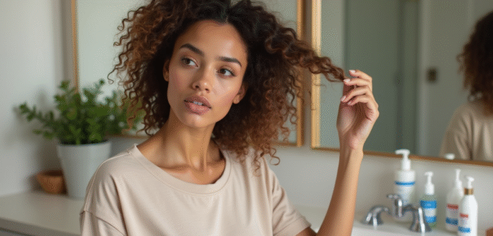 Jeune femme examinant ses cheveux bouclés dans la salle de bain