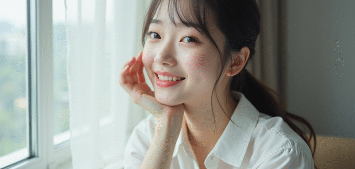 Jeune femme coreenne souriante en portrait naturel