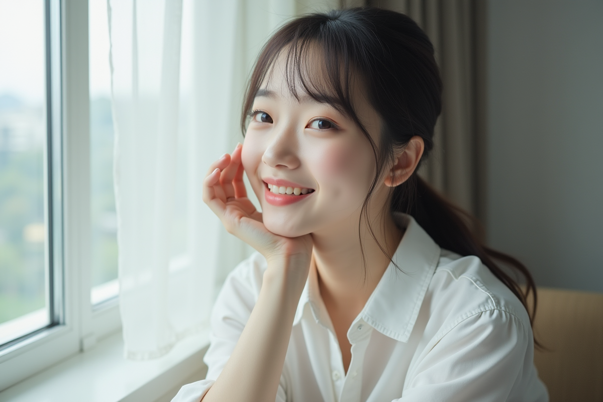 Jeune femme coreenne souriante en portrait naturel