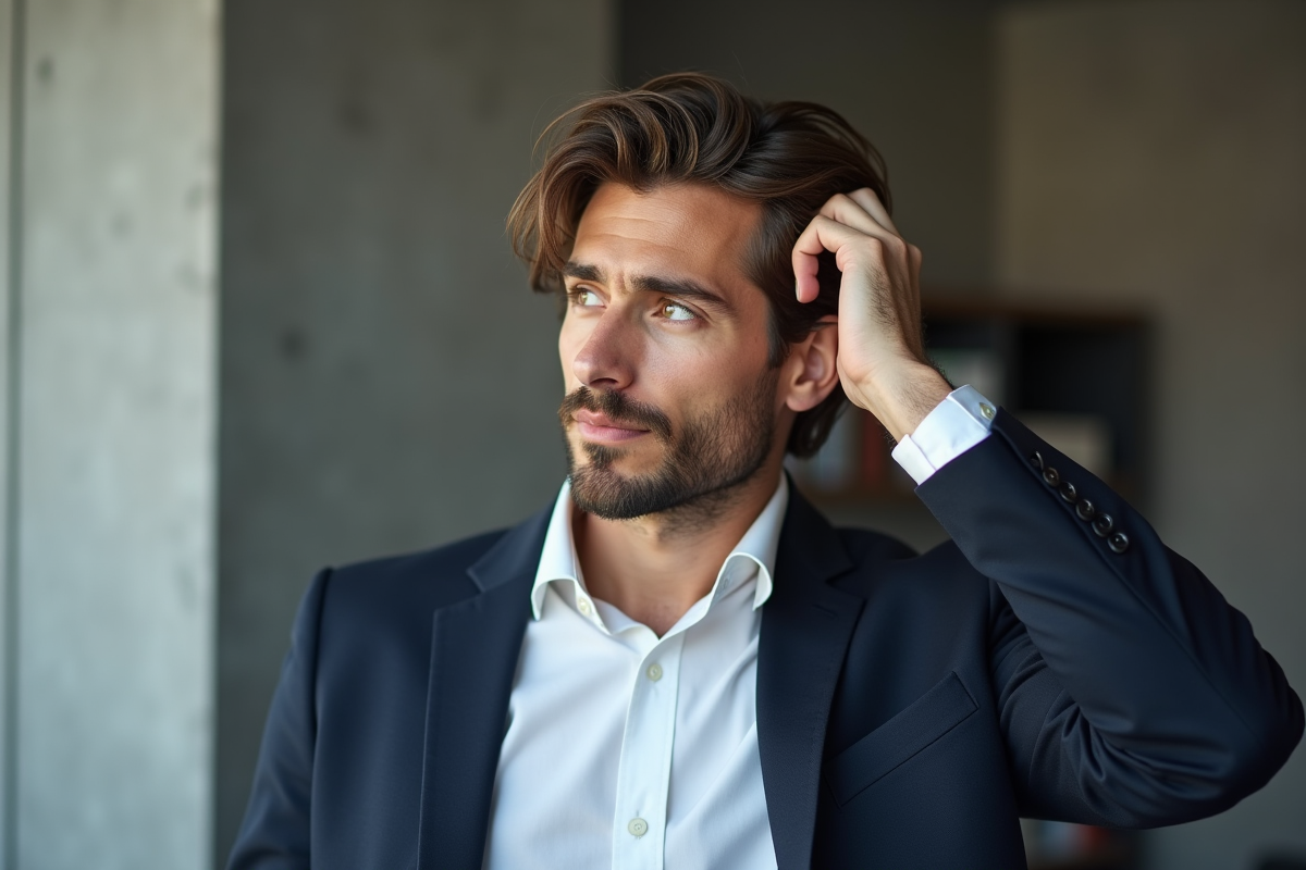 Homme en costume avec cheveux texturés en intérieur
