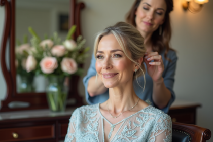 Une femme élégante en robe bleue avec coiffeur en arrière-plan
