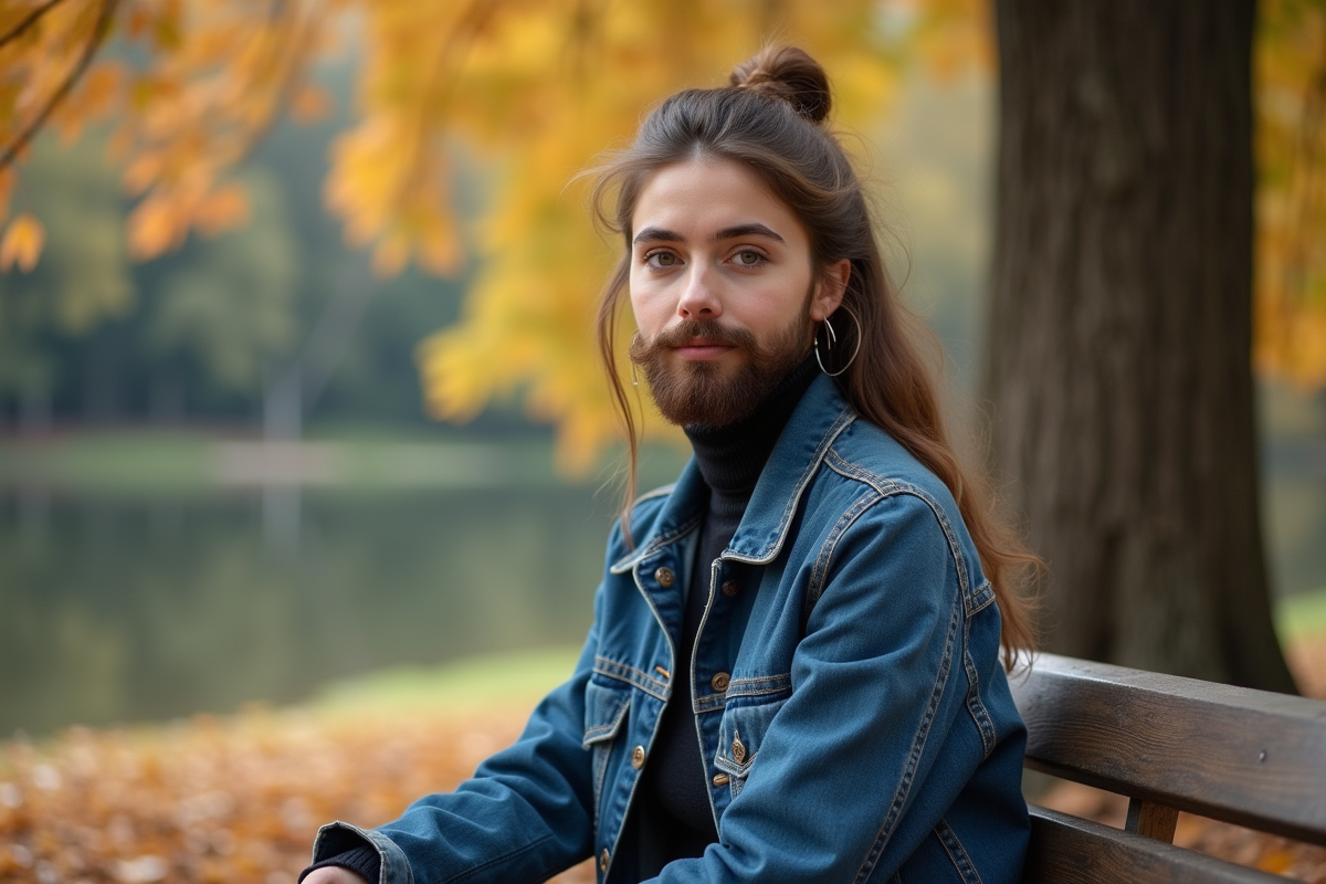 Femme en denim et turtleneck dans un parc en automne