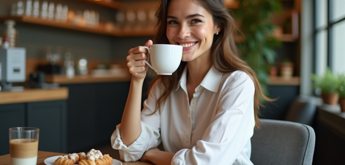 Femme souriante avec rouge à lèvres longue tenue