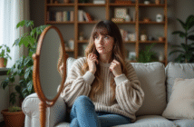 Femme en intérieur avec pull en laine et miroir