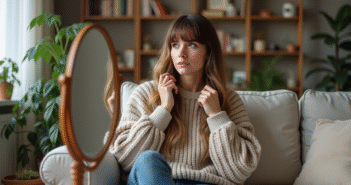 Femme en intérieur avec pull en laine et miroir