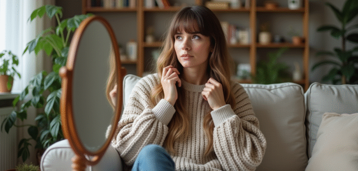 Femme en intérieur avec pull en laine et miroir