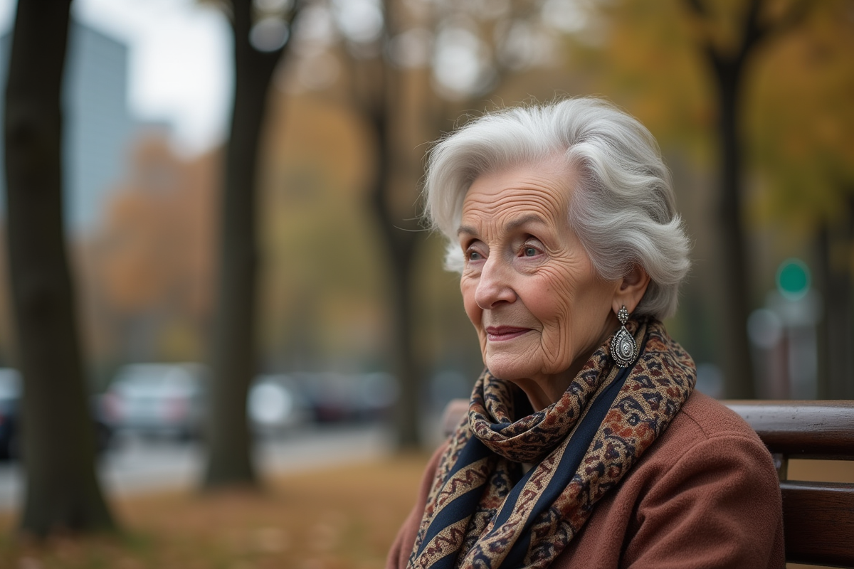Femme âgée portant foulard en silk assise dans un parc
