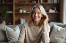 Femme élégante en pull beige cashmere souriant