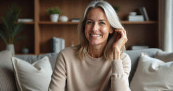 Femme élégante en pull beige cashmere souriant