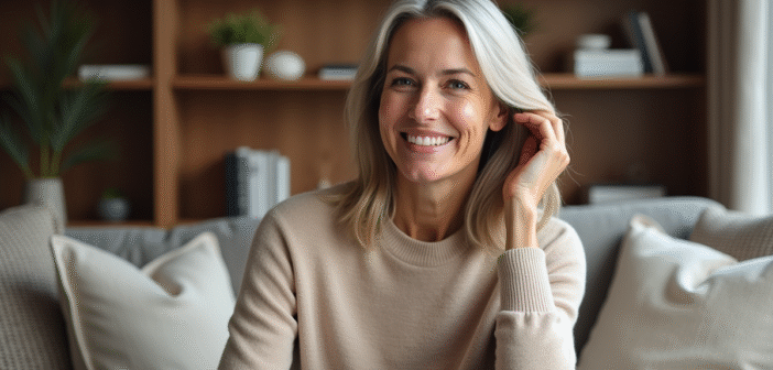 Femme élégante en pull beige cashmere souriant