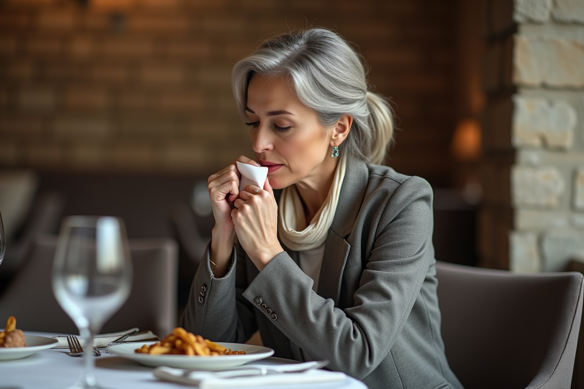 Femme délicatement essuyant ses lèvres après repas