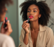 Femme appliquant rouge à lèvres longue tenue devant miroir