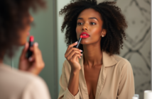 Femme appliquant rouge à lèvres longue tenue devant miroir