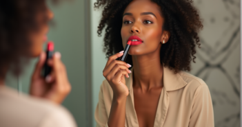 Femme appliquant rouge à lèvres longue tenue devant miroir