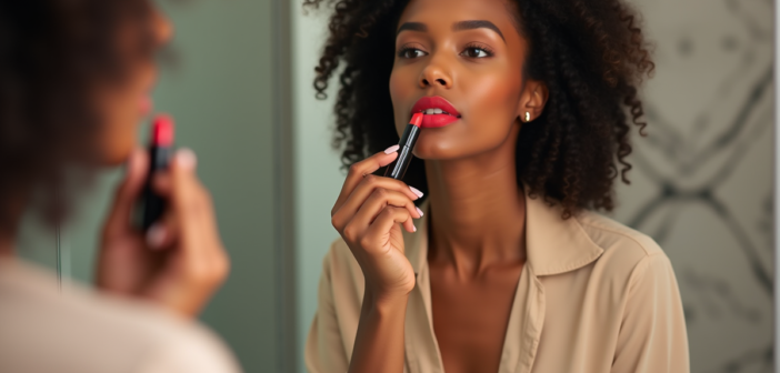 Femme appliquant rouge à lèvres longue tenue devant miroir