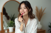 Femme souriante appliquant du rouge à lèvres dans sa chambre