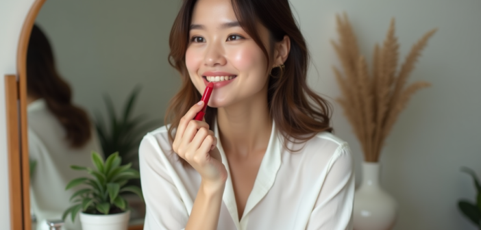 Femme souriante appliquant du rouge à lèvres dans sa chambre