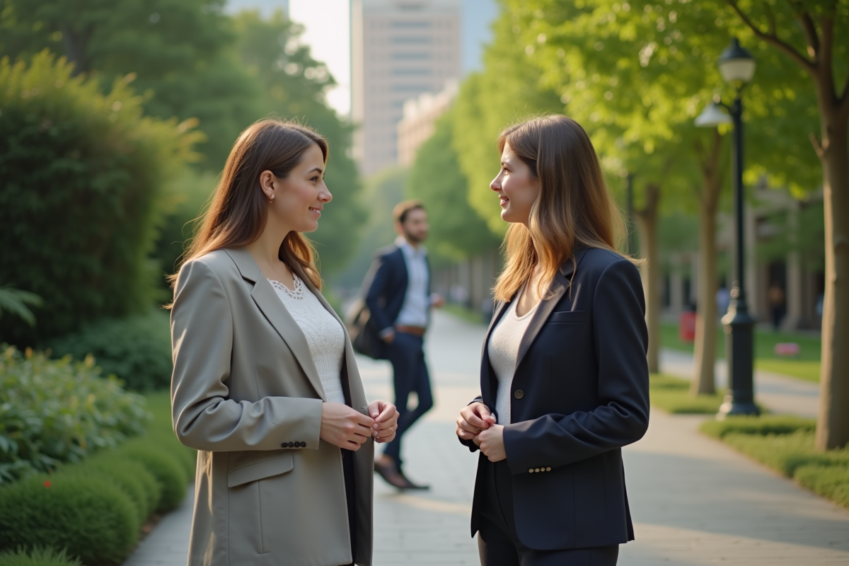 Deux femmes discutant dans un parc urbain avec homme passant