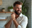 Homme soigné avec barbe naturelle dans un bain lumineux