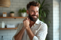 Homme soigné avec barbe naturelle dans un bain lumineux