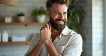 Homme soigné avec barbe naturelle dans un bain lumineux