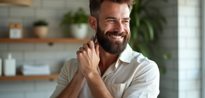 Homme soigné avec barbe naturelle dans un bain lumineux