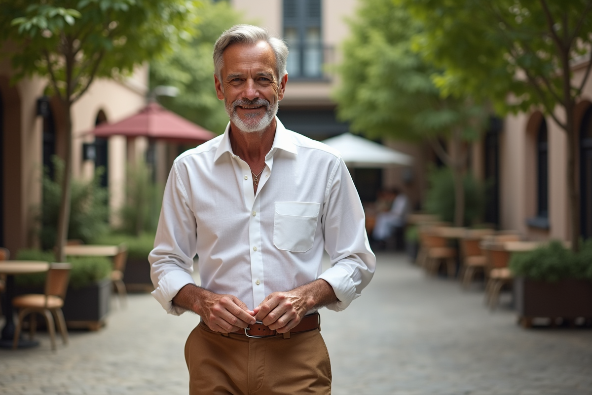 Homme mature ajustant sa ceinture en extérieur dans une cour pavée