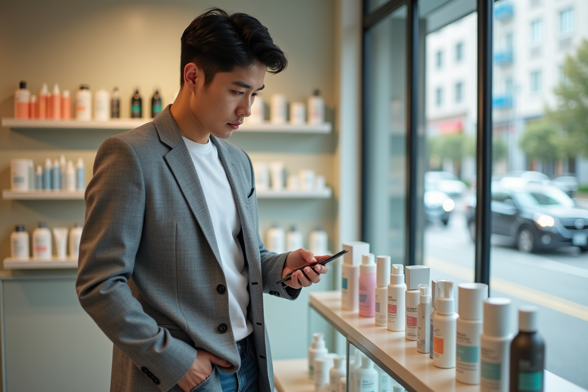 Homme koreen examinant produits de soin en boutique moderne