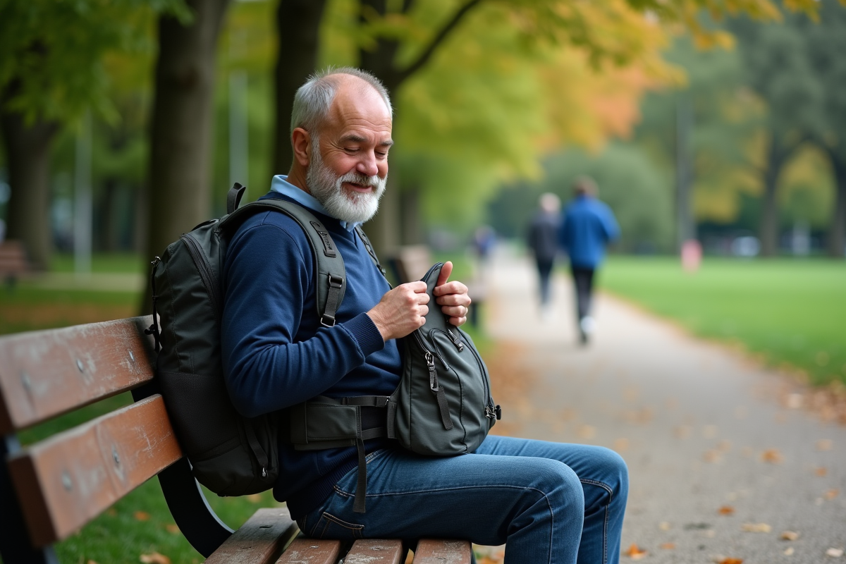 Homme dézipant un sac à dos dans un parc