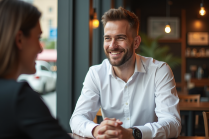 Homme souriant en café urbain avec femme en arrière-plan