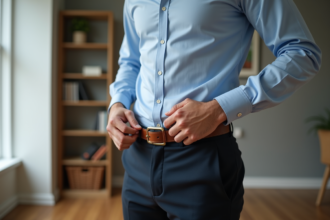 Homme élégant ajustant sa ceinture en cuir dans un intérieur moderne