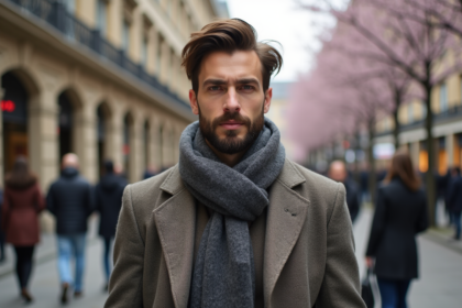 Homme élégant en tweed et écharpe en ville au printemps