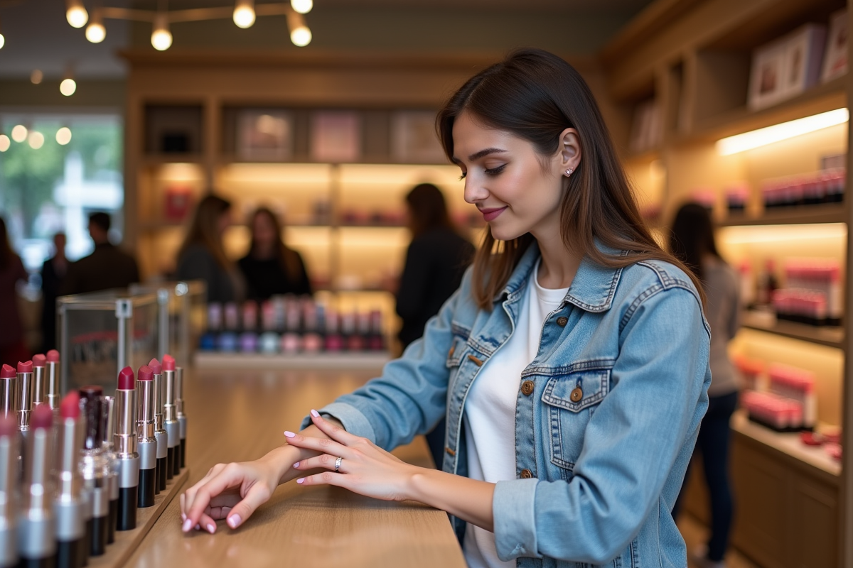 Jeune femme choisissant teintes de lipstick en boutique