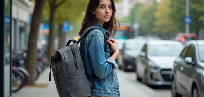 Jeune femme ajustant un sac à dos en ville